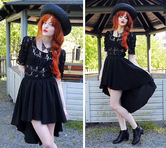 All the way Down - Black straw hat, Weeken, Collar necklace, Weeken, Lace blouse, Weeken, Black waterfall skirt, Weeken, All-day boots, Weeken, Cosette Munch, Sweden