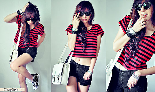 ! Red Summer Cat ! - White satchel, Weeken, Stripes shirt, New Look, Shades, Weeken, Spikes bracelet, Weeken, Cross ring, Forever21, Studded sneakers, Weeken, Ripped denim, Weeken, Cindy Ashes, Singapore