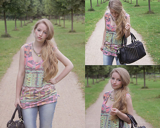 Colourful Simplicity - Neon coloured top, Zara, Studded bag, H&M, Yellow Necklace, H&M, Faustine Lara