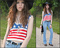 Peace, Love, and America, American flag patriotic crop top, Weeken, Denim flares, Weeken, Floppy black hat, Xoxo, Studded clogs, Weeken, Fringe bag, Diy, Lauren Schoonover, United States