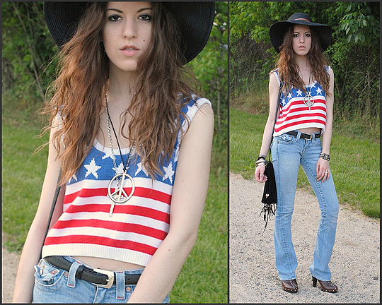 Peace, Love, and America - American flag patriotic crop top, Weeken, Denim flares, Weeken, Floppy black hat, Xoxo, Studded clogs, Weeken, Fringe bag, Diy, Lauren Schoonover, United States