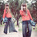 Sheer, Romwe Sheer Palazzo Pants, Weeken, Round Sunglasses, Mango, Brick-red oversized knit jumper, Weeken, Canvas wedges, Weeken, Willabelle Ong, Australia