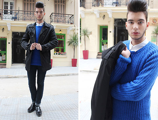 Blue and Cozy, Billy Hazel, Electric blue sweater, Zara, White shirt, Topman, Black jeans, Weeken, Black tracktered shoes, Zara, Black trench coat, Weeken, Billy Hazel, 