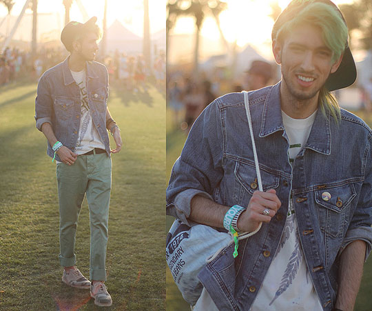 Sunset in Coachella: Day 1, Bobby Raffin, Classic denim jacket, Weeken, Jade Chinos, Weeken, Ibiza wristband, Weeken, Custom Coachella bag, Weeken, Camo shoes, Dr. Martens, Bobby Raffin, 