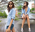 D. ENIM, Denim shirt, Weeken, Striped tank, American Apparel, Acid wash shorts, American Apparel, Diy glitter shoes, Keds, Crystal Yeoms, Canada