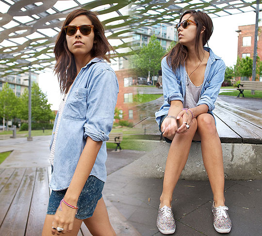 D. ENIM - Denim shirt, Weeken, Striped tank, American Apparel, Acid wash shorts, American Apparel, Diy glitter shoes, Keds, Crystal Yeoms, Canada