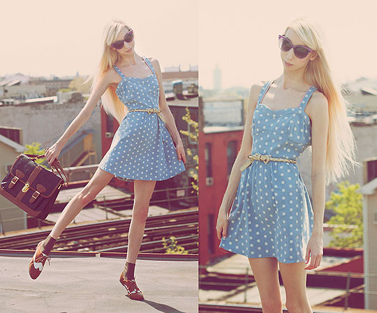 Denim dress!, Elle Ribera, Denim polkadot skater dress, Weeken, White braided belt, American Apparel, Vintage leather satchel, Weeken, Brown and white saddle shoes, Weeken, Elle Ribera, United States