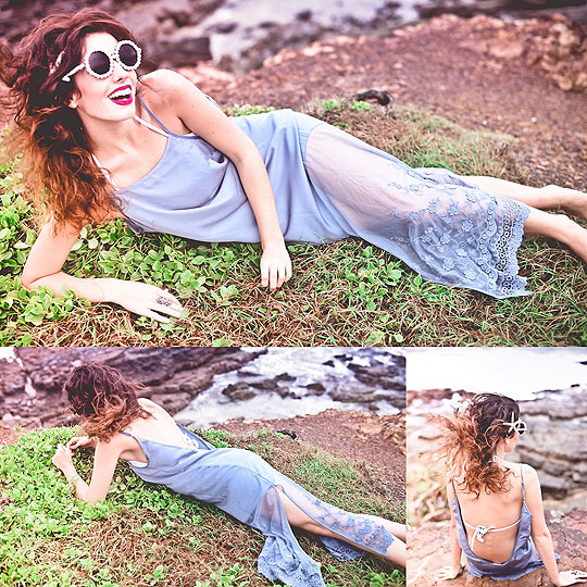 B e a c h s i d e b l u e s, Elle-May Leckenby, Ice blue drop back maxi, Weeken, Round pearl drop sunnies, Weeken, Elle-May Leckenby, 