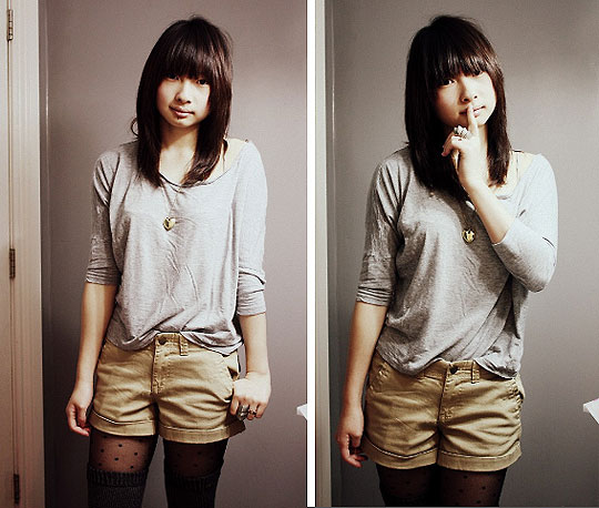 Rebel Rebel & New Hair-do - Dark grey tights, Weeken, Oversized shirt, Forever21, Gold heart necklace, Gift, Armour ring, Weeken, Tan shorts, Forever21, Crown ring, Weeken, Poke-a-dot tights, H&M, Kar-Yan C, Canada