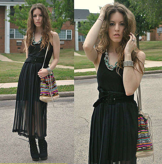 Sunday Driver - Black sheer pleated maxi skirt, Weeken, Multi-colored bag, Weeken, Turquoise and silver statement necklace, Weeken, Lauren Schoonover, United States