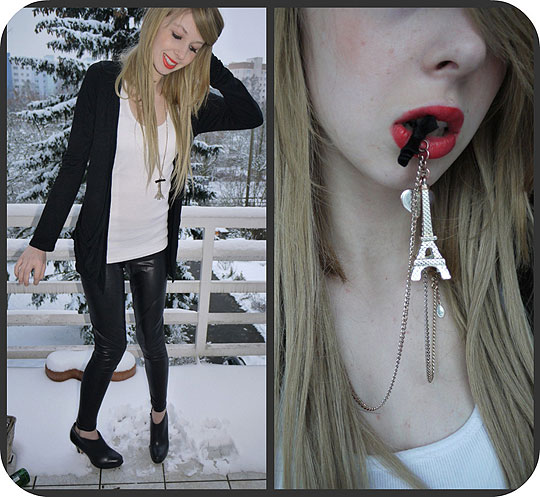 Aahhh Paris, la ville de l'amour! - Tour Eiffel necklace, Weeken, Fake skin leggings, Zara, Plain shirt, Topshop, Olivia P