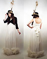 LIGHT as a FEATHER - Vintage 60s White Maxi Dress With Ostrich Feather Hemline, Weeken, Vintage Hat With Blonde Peacock Feathers & Jute, Weeken, Vintage Black Velvet Crop Jacket, Weeken, Rachel Hunt, United Kingdom