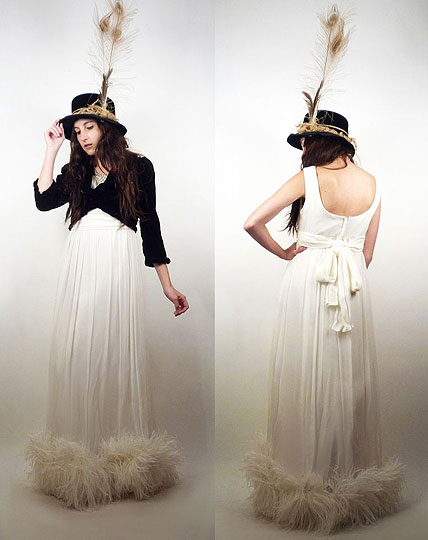 LIGHT as a FEATHER, Rachel Hunt, Vintage 60s White Maxi Dress With Ostrich Feather Hemline, Weeken, Vintage Hat With Blonde Peacock Feathers & Jute, Weeken, Vintage Black Velvet Crop Jacket, Weeken, Rachel Hunt, 