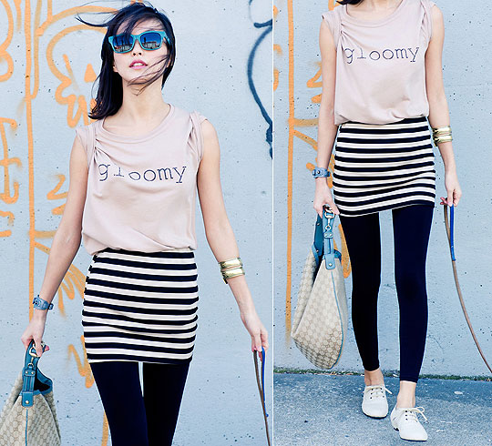 Feeling not Gloomy, Sun J, Cotton jersey tshirt top, Weeken, Stripe jersey mini skirt, Weeken, Color block sunglasses, Weeken, Hobo bag, Gucci, Sun J, 