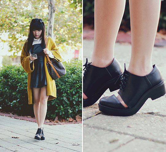 Mustard, Willabelle Ong, Mustard oversized knit cardigan, Weeken, Leather overall dress, Weeken, Lace-up glass cut-out heels, Weeken, Petit noe EPI bucket bag, Louis Vuitton, Willabelle Ong, 