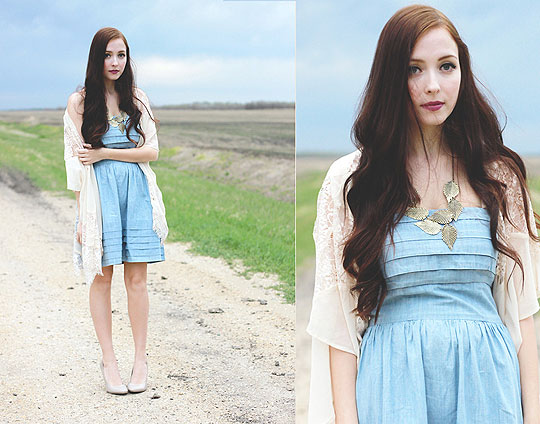 To just grow away - Leaf necklace, Weeken, Periwinkle Blue Dress, Weeken, Lace kimono, Weeken, Breanne S, Canada