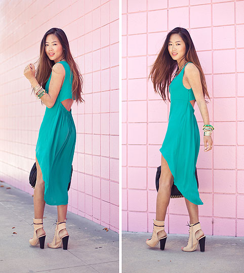 A Perfect Harmony - Song of Style, Aimee Song, Green Asymmetrical Dress, Weeken, Lace Up Heels, Weeken, Rocco Bag, Alexander Wang, Bracelets, Weeken, Aimee Song, 