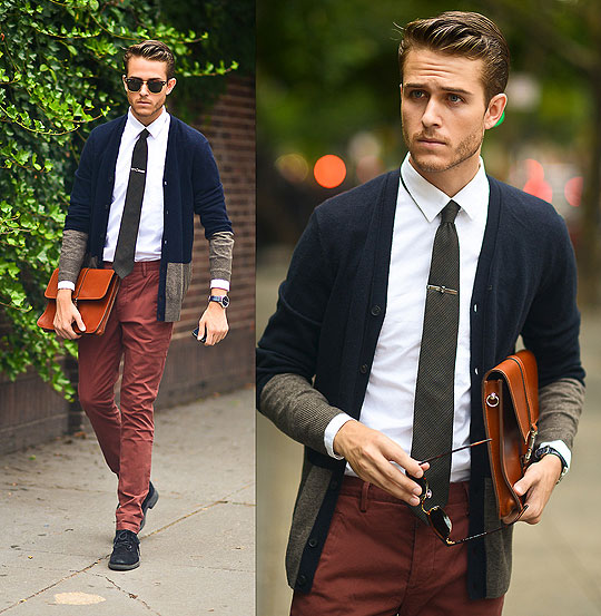 Two Toned - Cardigan, Weeken, Tie bar, Weeken, Satchel, Weeken, Clubmasters, Weeken, Trousers, Weeken, Adam Gallagher, Canada