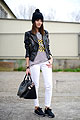 Black & white monday, Leather jacket, Mango, T-shirt, Weeken, Bag, Givenchy, Sneakers, Reebok, Beanie, H&M, Jeans, Weeken, Alexandra Per, Spain