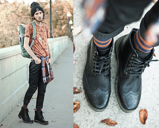 Autumn Hikes, Bobby Raffin, Graphic Tee, Weeken, Striped Socks, Weeken, Dream Catcher Necklace, Weeken, Beanie, Weeken, Colour Block Backpack, Weeken, Rail Slickback Jeans, Weeken, Black Leather Boots, Weeken, Bobby Raffin, 