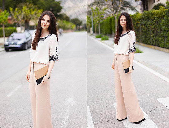 European LA - Queen's Wardrobe dress, Weeken, Clutch, Celine, Wide peach pants, Stella McCartney, Wedges, Weeken, Doina Ciobanu, Canada