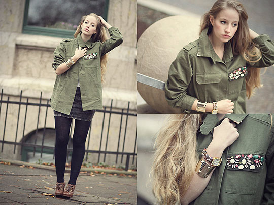 Like Autumn Leaves, Faustine Lara, Green Parka Rhinestone Pocket, Weeken, Skirt (studded), Zara, Leggins, H&M, Shoes, H&M, Mulitcoloured watch, Weeken, Bangle, H&M, Faustine Lara, Germany