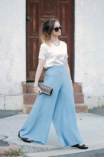 BETTER DAYS, Izzy Bea, White Silky T-Shirt, Weeken, Pastel Blue Palazzo Pants, ASOS, Heels-wedges, Weeken, Izzy Bea, 