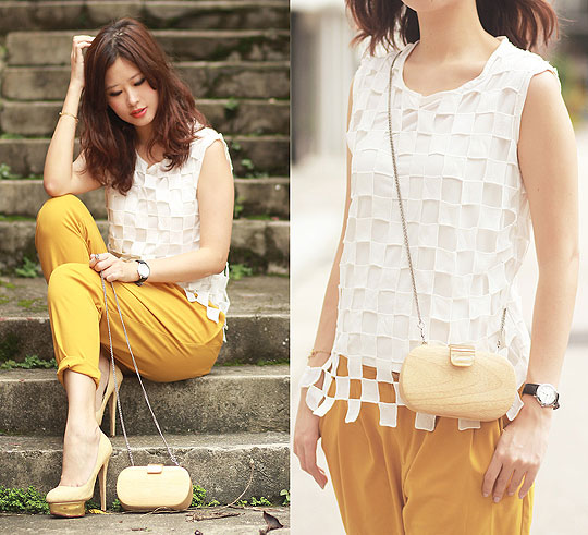 Let's play chess - Checker cut out top, Weeken, Wooden box purse, Weeken, Mustard harem pants, Weeken, Heels-wedges, Weeken, Mayo Wo, Hong Kong