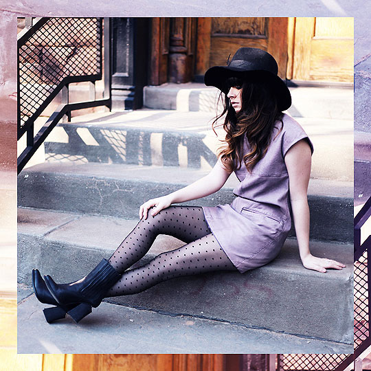 Lilac leather., Rachel-Marie I, Lilac leather dress, Weeken, Wool hat, Forever21, Polka dot tights, Topshop, Bueno boots, Weeken, Rachel-Marie I, 