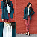 Geometry Lessons - Structured blazer, Zara, Patterned pants, H&M, Studded peter pan blouse, H&M, Strappy heels, Zara, Trang Huyen, United States