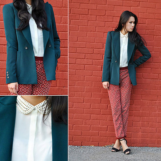 Geometry Lessons, Trang Huyen, Structured blazer, Zara, Patterned pants, H&M, Studded peter pan blouse, H&M, Strappy heels, Zara, Trang Huyen, 