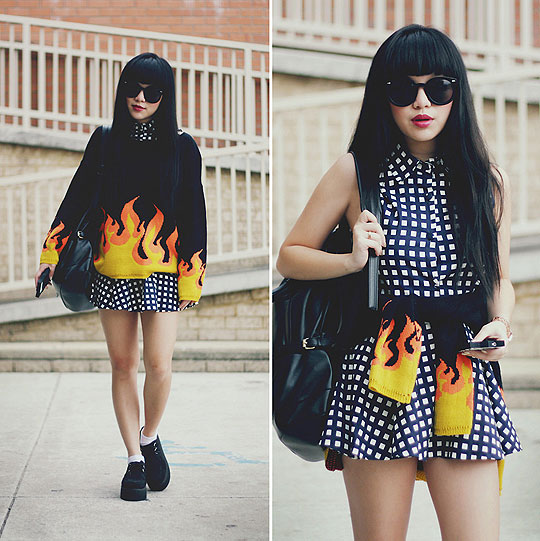 Burning - Flame knit sweater, Weeken, Two piece grid/checkered top and skirt, Weeken, Black suede creepers, Weeken, Leather backpack, Weeken, Willabelle Ong, Australia