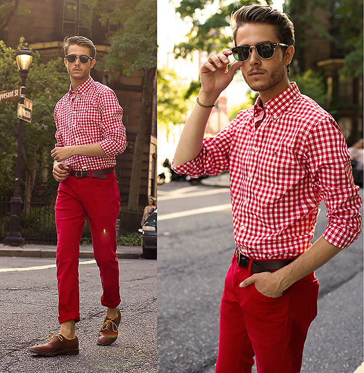 Red Hot, Adam Gallagher, Check shirt, Weeken, Red trousers, Weeken, Spike bracelet, Weeken, Oxfords, Weeken, Adam Gallagher, 