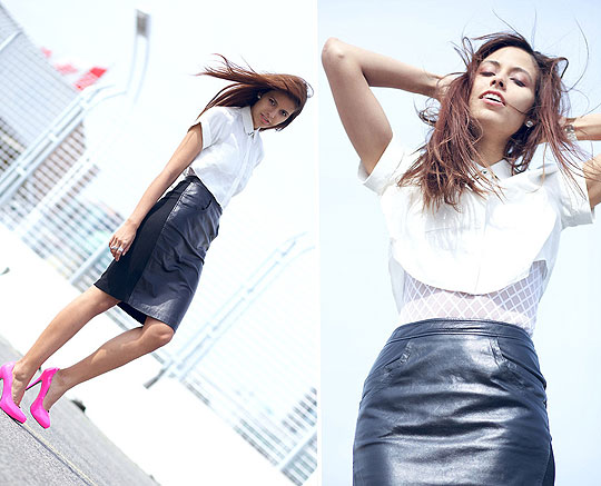 Montreal's Morning - Leather skirt, Weeken, Pumps, Weeken, Estate necklace, Weeken, Crop silk blouse, Weeken, Diamond grid bodysuit, American Apparel, Crystal Yeoms, Canada