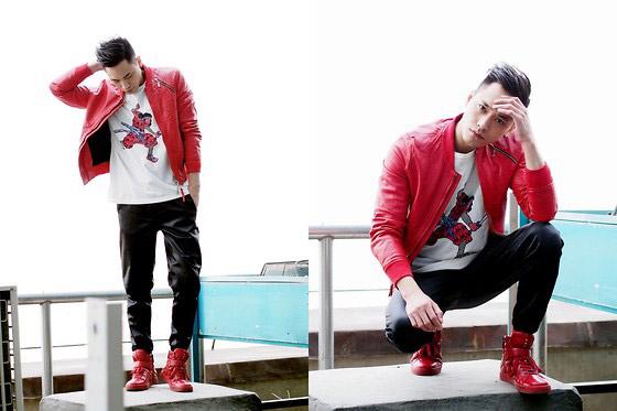 Red, Chris Su, LEATHER JACKET, Just Cavalli, T-SHIRT, Marc by Marc Jacobs, SNEAKERS, Prada, Chris Su, 