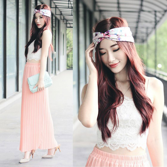 Head Scarf - Lace Bralette, Topshop, Pink Pleated Maxi Skirt, ASOS, Heels, AS, Elle Yamada