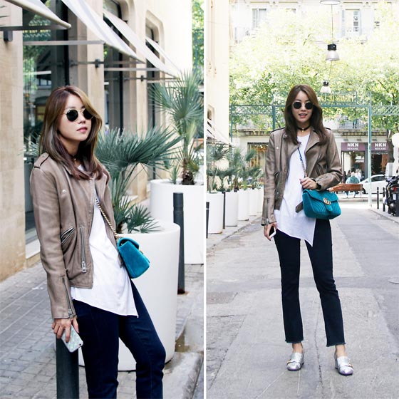 Casual dailylook with Rider Jacket - Sunglass, Ray-Ban, Leather biker jacket, Weeken, Marmont Bag, Gucci, Bootcut jeans, Weeken, Marmont Shoes, Gucci, Rekay Style, Korea