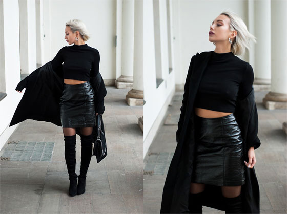 NORTH STAR - Round earrings, Weeken, Turtleneck crop top, Weeken, Coated leather skirt, Weeken, Over knee thigh boots, Weeken, Furry bag with chain, Weeken, Long winter coat, Weeken, MONIKA S, Poland