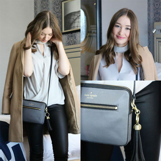 I'm Me- Us The Duo, Taylor Doucette, Wrap Choker Blouse, Boohoo, Camel Coat, Topshop, Coated Denim, Vero Moda, Cross body Purse, Kate Spade, Taylor Doucette, 