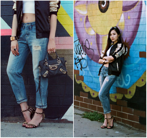 Bomber & Boyfriend, Tina Lee, Mini City Bag, BALENCIAGA, Studded sandals, Giuseppe Zanotti, Leather Cuff, Weeken, Bomber Jacket, Weeken, Crop Top, American Apparel, Tina Lee, United States