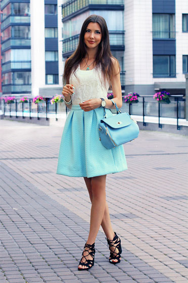 Sky Blue Fashion in Los Angeles, Ann Grigorieva, Bag, Weeken, Black Heels-wedges, Weeken, Blue Skirt, Weeken, White Top, Weeken, Ann Grigorieva, 