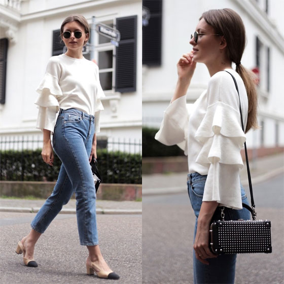 Frilled Knit, Mom Jeans & Chanel Pumps - Ruffled knit, Weeken, Mom jeans, Weeken, Round metal sunglasses, Ray-Ban, Slingback pumps, Weeken, Livia Auer, Germany