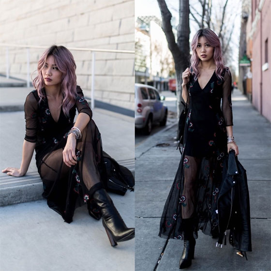 Dark flower, Catherine pham, Pleather booties, Weeken, Black flower sheer dress, Weeken, Catherine pham, 