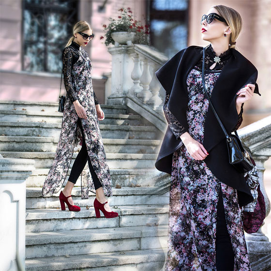 Autumn is a second spring when every leaf is a flower, Dora D., Black oversize cat eye sunglasses, Weeken, Flowerprint maxi dress, Weeken, Black shawl collar coat, Weeken, Black ripped jeans, ASOS, Dora D., 