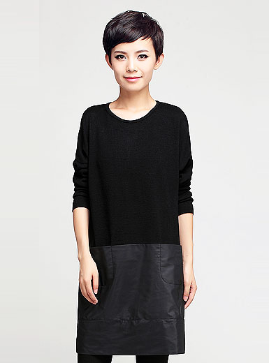 Autumn casual double pocket knitted woven stitching T-shirt dress Autumn casual double pocket knitted woven stitching T-shirt dress