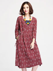 new fashion collar V printing long waist dress