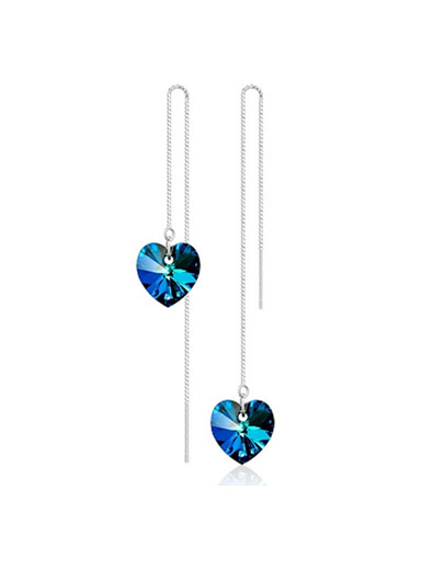 925 Silver Women's Long Blue Crystal Ocean Heart Earrings 925 Silver Women's Long Blue Crystal Ocean Heart Earrings